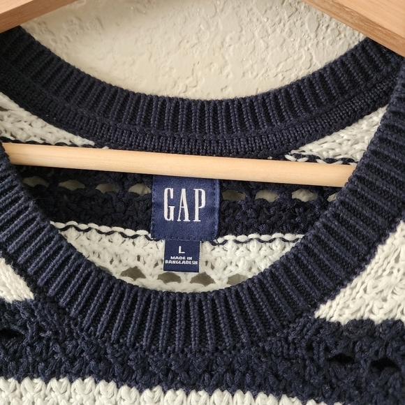GAP 24/7 Spit Hem Crochet Stripe Chunky Knit Boxy Oversize Pullover Sweater L - Picture 13 of 13